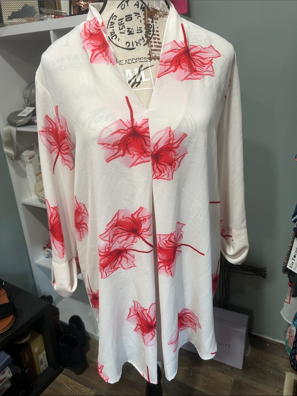 Antilia Femme White Top with Pink-Red Floral Accents Tunic
